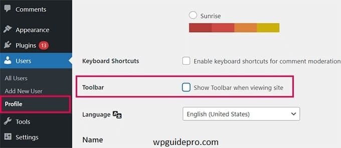 Hide the Admin Bar via User Profile Settings