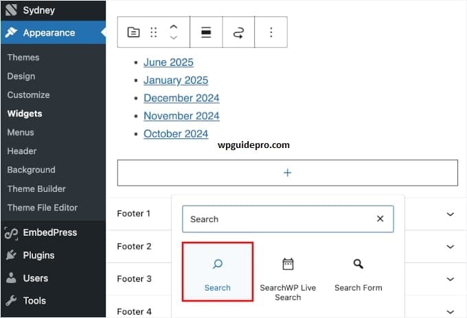 Live search in widget ready area