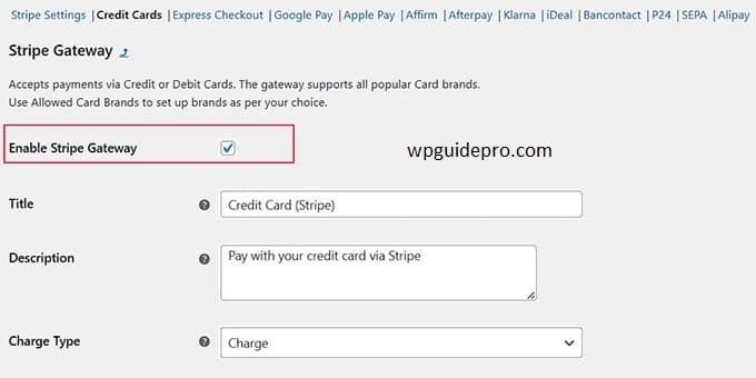 Enable stripe gateway